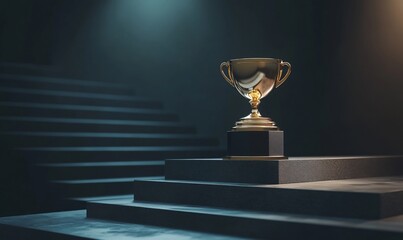 A golden trophy sits on a podium with a spotlight shining on it. The trophy is a symbol of success, achievement, and victory.