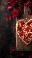 Pizza in a Heart Form on a wooden board with Red Roses on the background with copy space