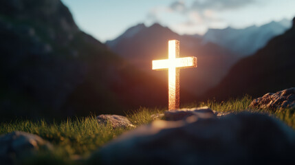 Catholic cross above beautiful natural mountain landscape, illuminated by heavenly light, which symbolizes faith, divine presence, truth, spiritual enlightenment, God's love and grace