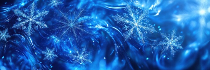 Poster - Delicate snowflakes glisten and shimmer against a backdrop of swirling blue, evoking the enchantment of winter nights. Generative AI