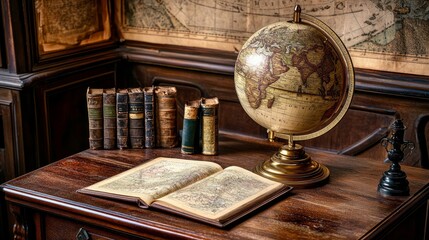 an antique map, globe, and book stored in a cupboard. science, learning, and past travel experiences
