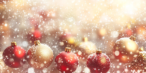 Wall Mural - bunch of red and gold ornaments are scattered on a snowy background. concept of warmth and festivity