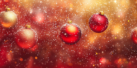 Wall Mural - red and gold background with snow falling on a bunch of red and gold christmas ornaments