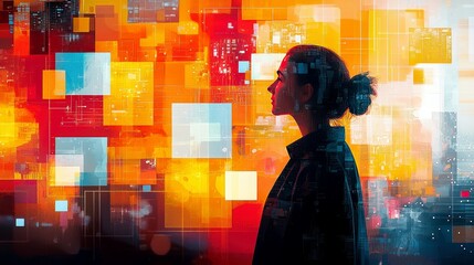 Silhouette of a woman standing in front of a wall of glowing digital squares.