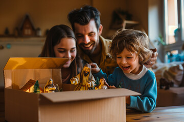 Family taking out of a Box the Christmas Nativity Scene to set up figures of Jesus, Mary, and Joseph at home