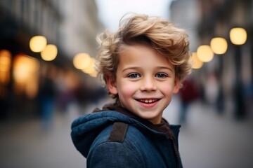 Wall Mural - portrait of a smiling little boy in the city street at night