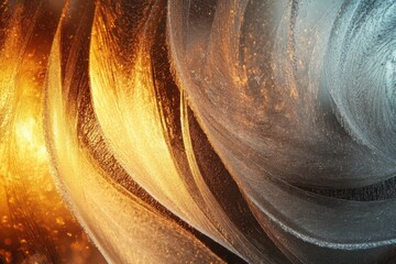 Poster - Delicate frosty patterns showcase intricate designs, merging warm and cool colors in sunlight during a chilly winter day. Generative AI