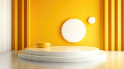 Poster - Abstract Minimalist Yellow Podium for Product Display and Showcase with Decorative Elements in 3D Rendering