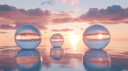 Poster - Fantasy 3D illustration of glass spheres floating on a serene water surface mirroring a tranquil sunset sky