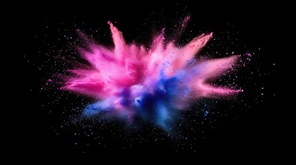Poster - Explosion of pink violet and blue powder on a black background in a 3D cartoon rendering This illustration captures the freeze motion of color powder bursting forth
