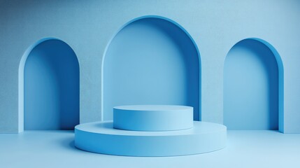 Poster - Pastel blue display pedestal Empty geometric product stand in minimalistic style 3D render
