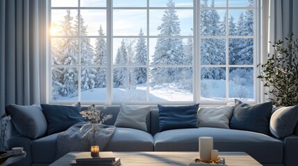 Poster - Bright living room featuring a sofa with a winter scene visible through the window showcasing Scandinavian interior design in a 3D rendering
