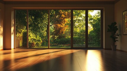 Poster - Empty living room with sliding glass doors and a floor on the right depicted in a 3D rendering