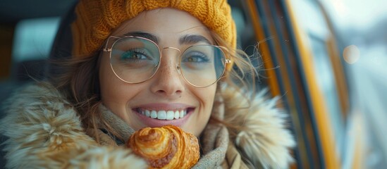 Wall Mural - Young woman in a yellow beanie and glasses, smiling, holding a croissant.