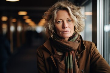 Poster - Portrait of senior woman in coat and scarf looking at camera in corridor