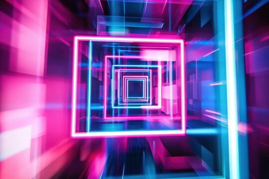 A dynamic neon color motion graphic in a square rectangle picture frame, featuring blue and pink light movements.