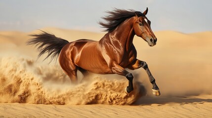Naklejka na meble Bay horse run gallop in desert sand