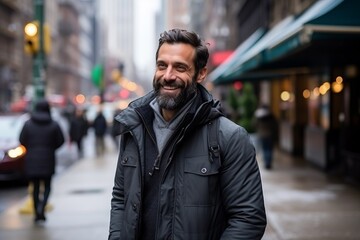 Wall Mural - Handsome middle aged man with beard and mustache in the streets of New York City