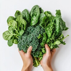 Sticker - Fresh green vegetables are held in hands, showcasing a variety of nutritious leafy greens. This image symbolizes health and wellness. Ideal for food blogs and healthy lifestyle content. AI