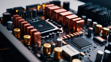 Poster - Hightech closeup of a microchip on a circuit board, illustrating advanced technology and electronic innovation in hardware components
