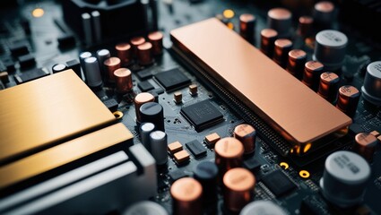 Poster - Hightech closeup of a microchip on a circuit board, illustrating advanced technology and electronic innovation in hardware components