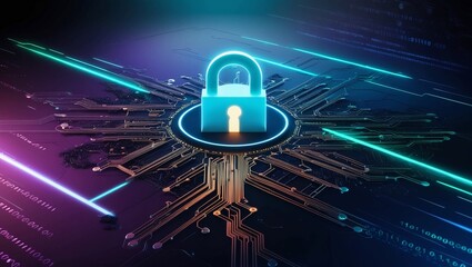 Poster - Cybersecurity with Glowing Lock Icon in Data Network