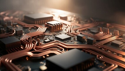 Poster - Closeup of a bright golden circuit board with intricate pathways, representing advanced technology and electronics