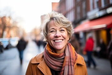 Sticker - Portrait of a smiling senior woman on a city street in winter