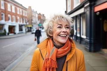 Wall Mural - Portrait of an attractive middle aged woman smiling at the camera in the street