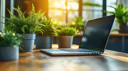 Poster - Sunlight streams through large windows onto a wooden table with a laptop and vibrant ferns, creating a serene workspace atmosphere