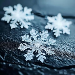 Poster - Delicate snowflakes resting on a textured black surface, creating a stunning contrast between winter elegance and modern style.