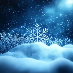 Poster - A delicate snowflake rests on a blanket of soft snow, illuminated by a serene blue glow, capturing winter's beauty.
