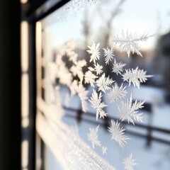 Poster - Intricate ice crystals form beautiful patterns on a window, creating a serene winter scene with soft morning light.