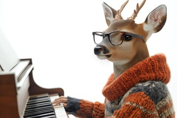 Charming deer in glasses and casual summer attire playing piano with a serene expression isolated