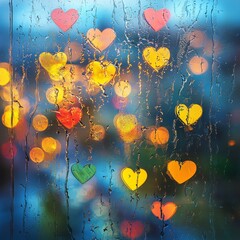 Poster - Colorful heart shapes on a rainy window, creating a romantic and whimsical atmosphere.