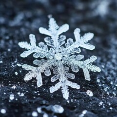 Poster - A stunning snowflake delicately rests on a dark surface, showcasing its intricate crystal formations and delicate patterns.