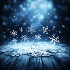 Poster - A serene winter scene with falling snowflakes against a dreamy blue background, creating a magical atmosphere.