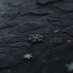 Poster - Close-up view of a snowflake resting on a dark, textured surface, highlighting intricate details and unique patterns.