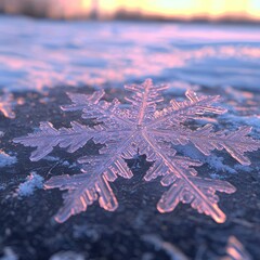 Poster - Close-up of an intricate snowflake on a frosty surface, showcasing delicate patterns and a soft pink hue at sunset.