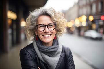 Wall Mural - Portrait of happy senior woman with eyeglasses in the city