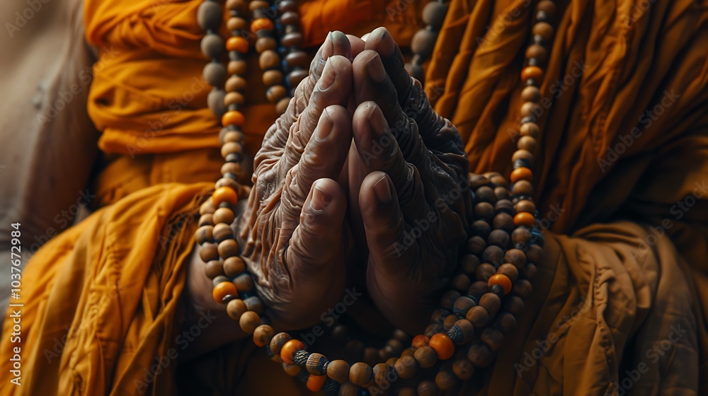 Hands of a Buddhist monk holding prayer beads in a moment of quiet ...