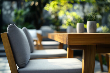 Outdoor dining area with modern wooden furniture in a garden