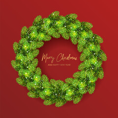 Wall Mural - christmas wreath made of pine tree branches with shining snowflakes. green round fir tree border