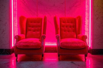 Two Red Velvet Armchairs Illuminated by Neon Pink Lights