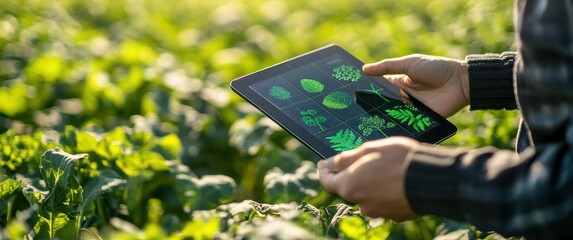 A farmer using a tablet to monitor crop health and weather conditions in the field, with digital illustrations of different crops on the screen. 