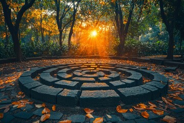 Wall Mural - Stone Spiral Pathway in a Forest with Golden Sunlight