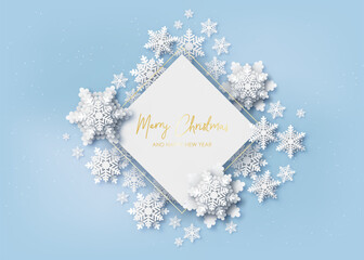 Wall Mural - 2025 christmas and new year background. paper snowflakes xmas decorations. white and blue colors