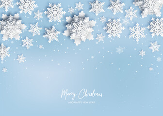 Wall Mural - 2025 christmas and new year background. paper snowflakes xmas decorations. white and blue colors