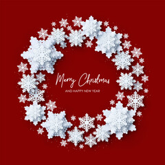 Wall Mural - 2025 christmas and new year background. paper snowflakes xmas decorations. white and red colors