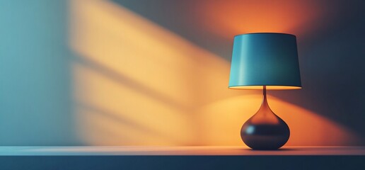 A single lamp with a blue shade illuminates a room with warm yellow light.